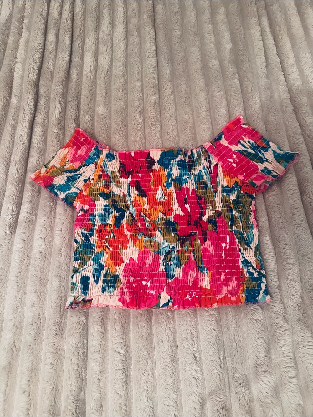 SHEIN Pink Multi Floral Off-Shoulder Smocked Crop Top